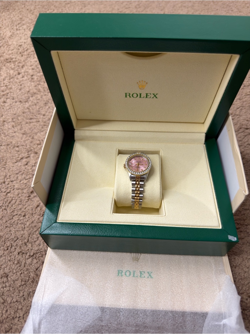 Rolex Ladies Two-Tone Watch with Pink Dial and Diamond Bezel